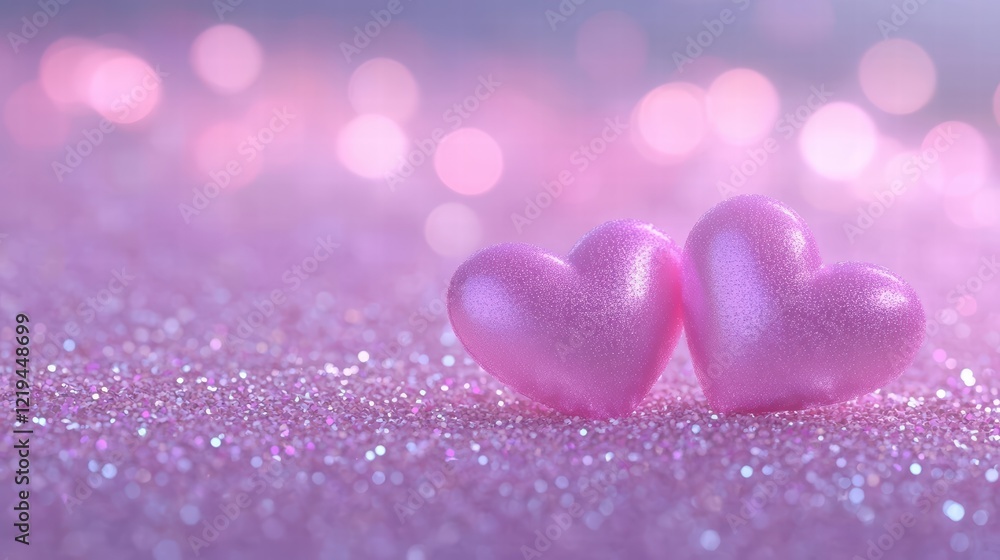 Fototapeta premium Romantic Pink Hearts on Sparkling Background with Bokeh Effects
