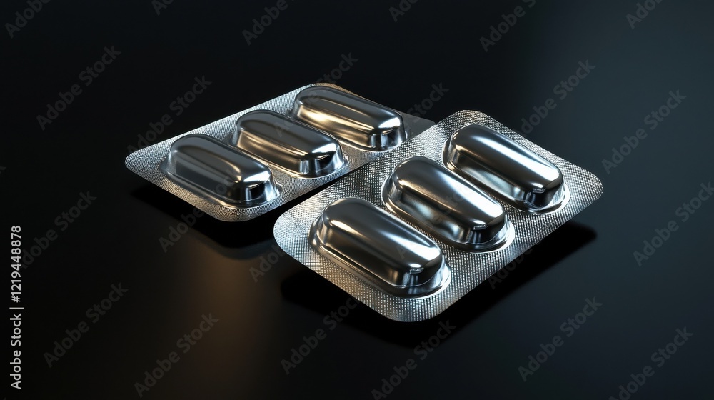 Closeup of an isolated pair of empty shiny aluminum packs of pills against a pitch black background Reflected Closeup of an isolated pair of empty shiny aluminum packs of pills against a pitch black background Reflected