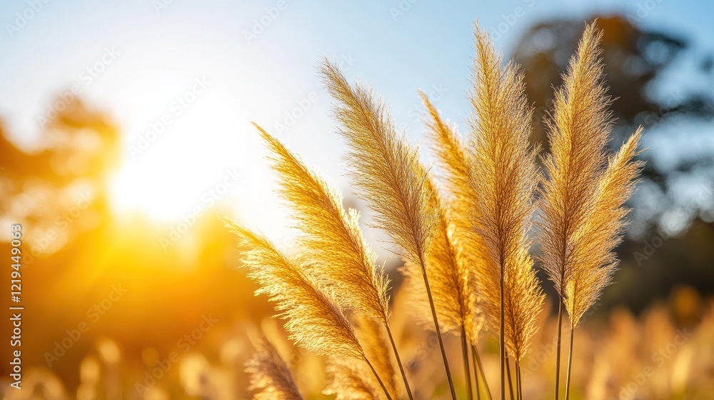 Golden pampas grass blowing in the wind at sunset. Golden pampas grass blowing in the wind at sunset.