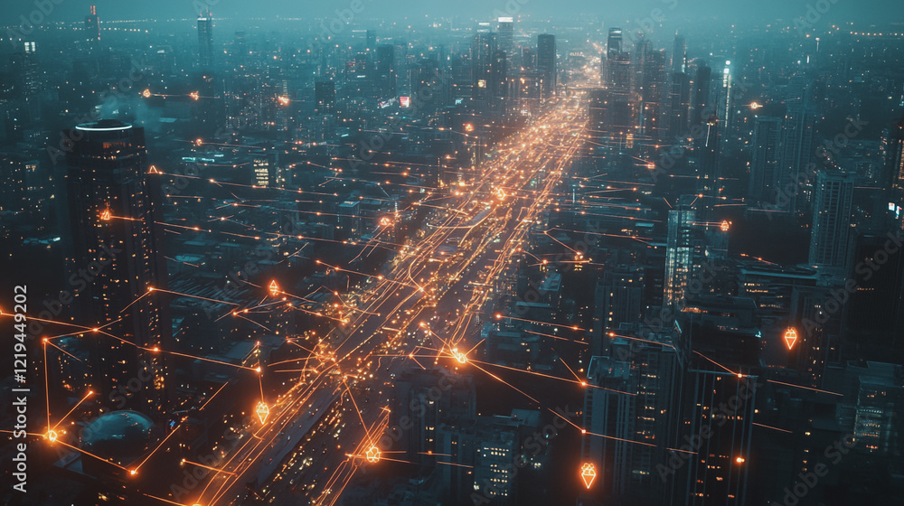 Obraz premium Smart digital Innovation city with connection network reciprocity over the twilight cityscape. of future smart wireless digital city and social media networking systems that connects people with city 