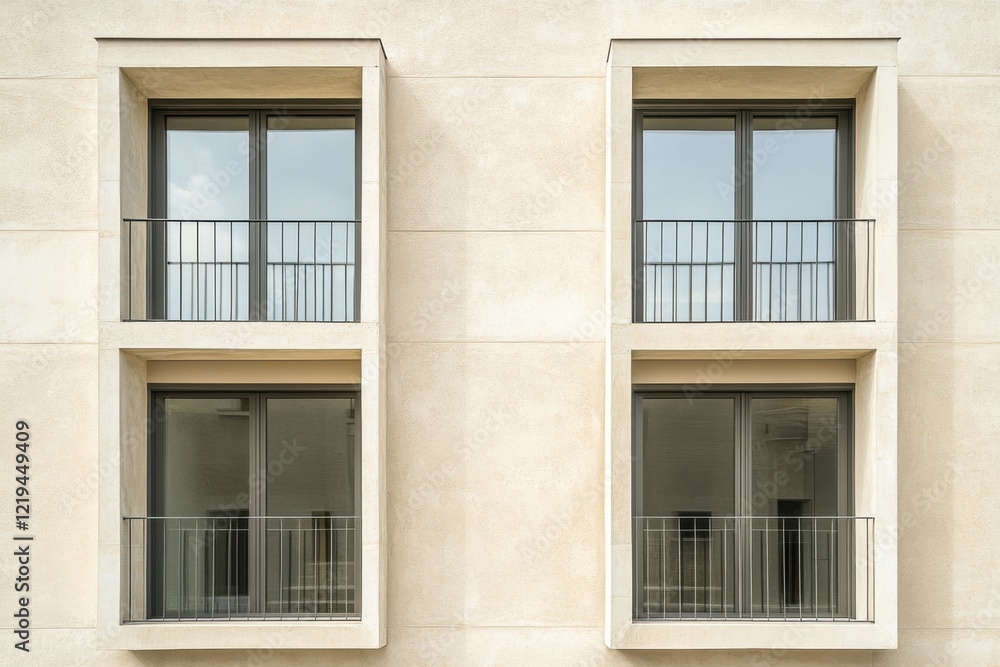 Modern architectural design featuring two elegant balcony windows on a neutral-toned facade during daylight hours in an urban setting Modern architectural design featuring two elegant balcony windows on a neutral-toned facade during daylight hours in an urban setting