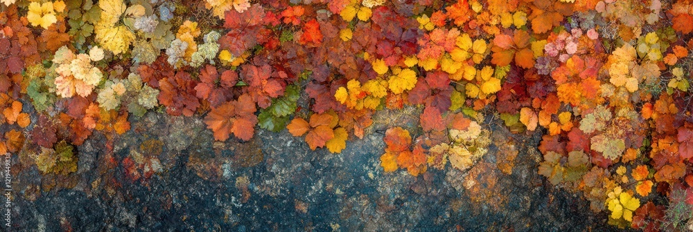 Autumn Leaves Scattered Upon Dark Rock Surface Autumn Leaves Scattered Upon Dark Rock Surface