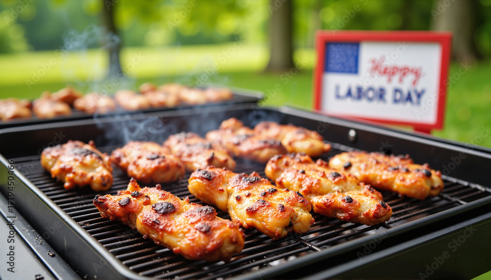 BBQ setup with grilled chicken for Labor Day celebration, festive spirit BBQ setup with grilled chicken for Labor Day celebration, festive spirit