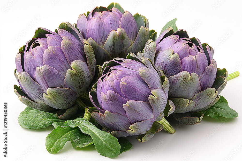 Fototapeta premium Three Purple Artichokes with Green Leaves Arranged Together