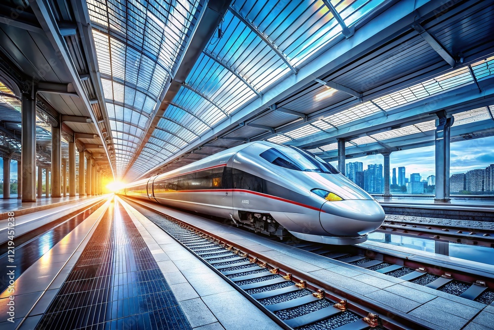 Sleek Modern High-Speed Train Arriving at Futuristic Station Platform Sleek Modern High-Speed Train Arriving at Futuristic Station Platform