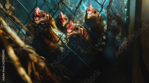 Close up of a group of chickens tightly packed in a small room behind a fence in a small poultry operation in Costa Rica photo