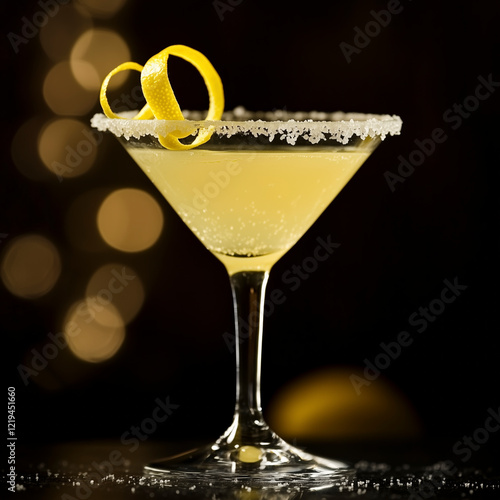 Magnified view of a Lemon Drop Martini focusing on the lemon zest and sugar crystal detail.