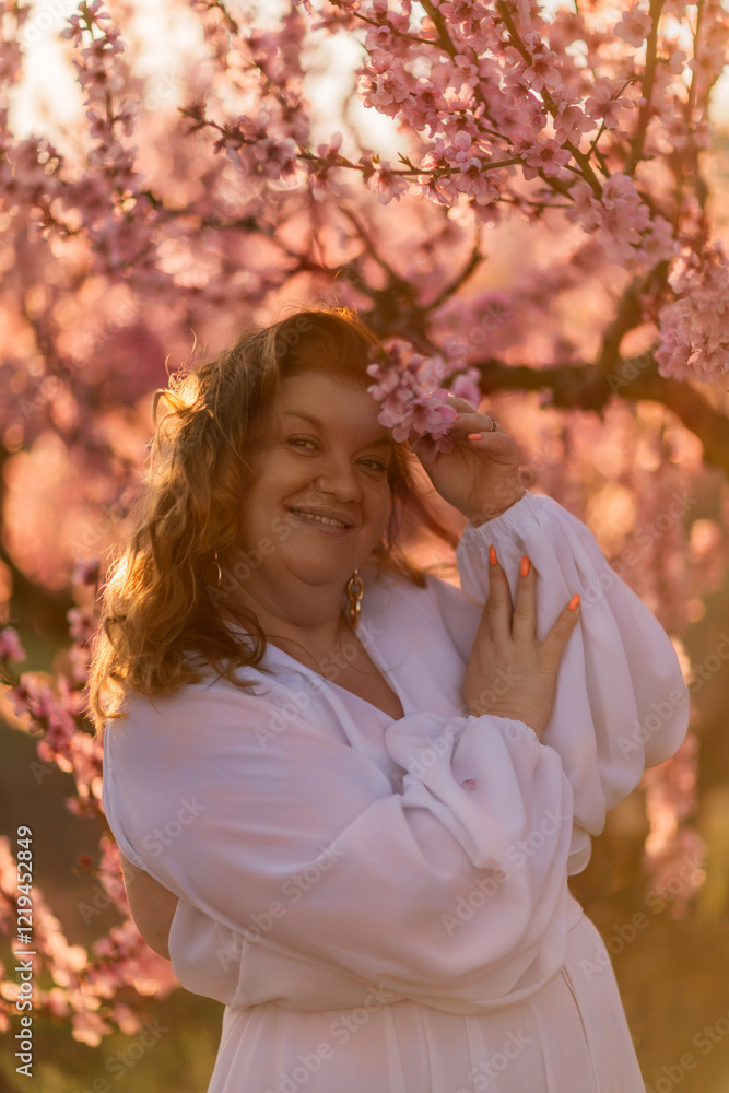 Woman blooming peach orchard. Against the backdrop of a picturesque peach orchard, a woman in a long white dress enjoys a peaceful walk in the park, surrounded by the beauty of nature. Woman blooming peach orchard. Against the backdrop of a picturesque peach orchard, a woman in a long white dress enjoys a peaceful walk in the park, surrounded by the beauty of nature.