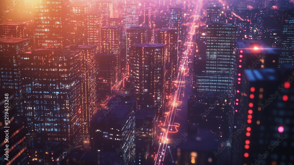 Obraz premium Smart digital Innovation city with connection network reciprocity over the twilight cityscape. of future smart wireless digital city and social media networking systems that connects people with city 