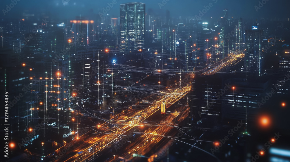 Naklejka premium Smart digital Innovation city with connection network reciprocity over the twilight cityscape. of future smart wireless digital city and social media networking systems that connects people with city 