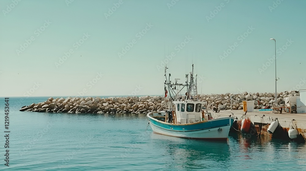 Fototapeta premium Fishing boat docked, clear sea, sunny day, harbor rocks