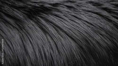Close-up of black fur texture, soft fibers pattern. Natural material concept
