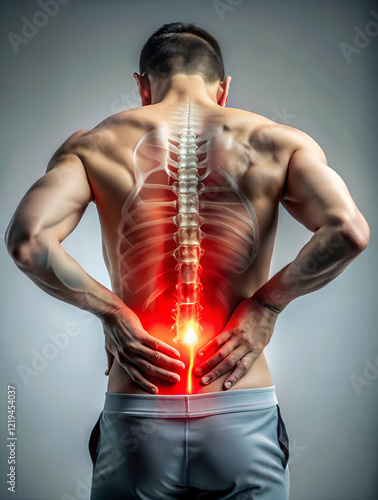 Muscular Man Experiencing Intense Lower Back Pain with Visible Spinal Anatomy Overlay