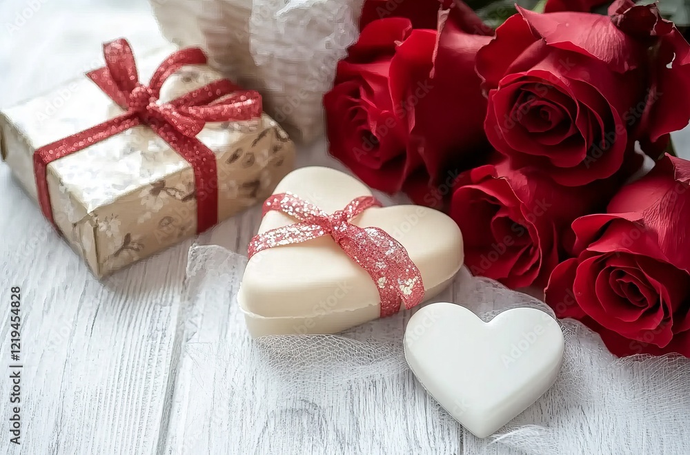 A red ribbon wrapped around two gift boxes on a white wooden table, with heart-shaped soap and roses, creating a Valentine's Day background concept. Valentine's Day banner template A red ribbon wrapped around two gift boxes on a white wooden table, with heart-shaped soap and roses, creating a Valentine's Day background concept. Valentine's Day banner template