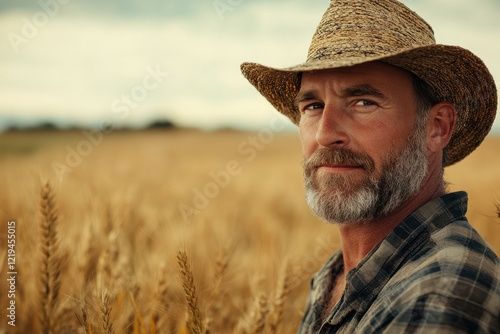 Smiling farmer in a wheat field during golden hour captures the essence of rural life and agricultural pride photo