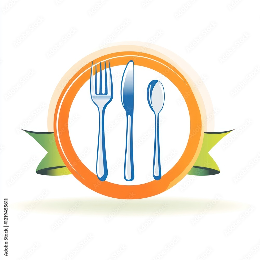 Silver fork, knife and spoon icon in orange circle with green ribbons for restaurant use Silver fork, knife and spoon icon in orange circle with green ribbons for restaurant use