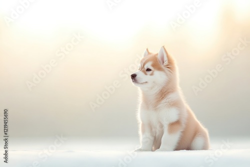 Soft sunlight illuminates fluffy puppy, showcasing gentle featur photo