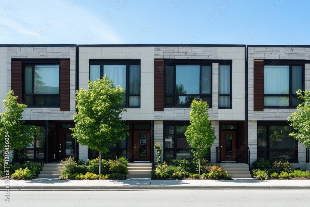 Fototapeta premium Modern townhouses with greenery lining the front, located on a vibrant street under a clear blue sky in a contemporary urban neighborhood