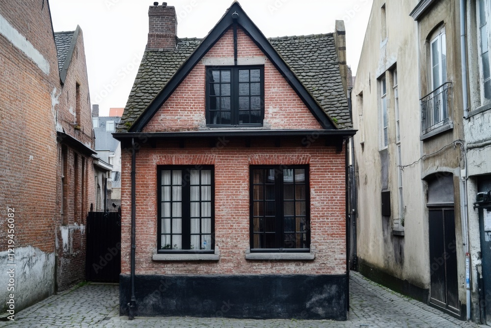 Charming brick house with black windows surrounded by narrow alleyways in a historic neighborhood during overcast weather Charming brick house with black windows surrounded by narrow alleyways in a historic neighborhood during overcast weather