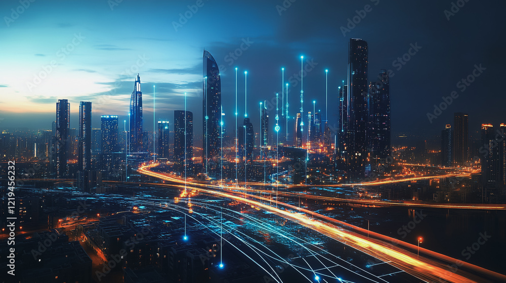 Fototapeta premium Smart digital Innovation city with connection network reciprocity over the twilight cityscape. of future smart wireless digital city and social media networking systems that connects people with city 
