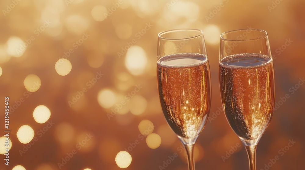 A close up of two champagne flutes filled with champagne for a celebration, against a golden bokeh background. A close up of two champagne flutes filled with champagne for a celebration, against a golden bokeh background.