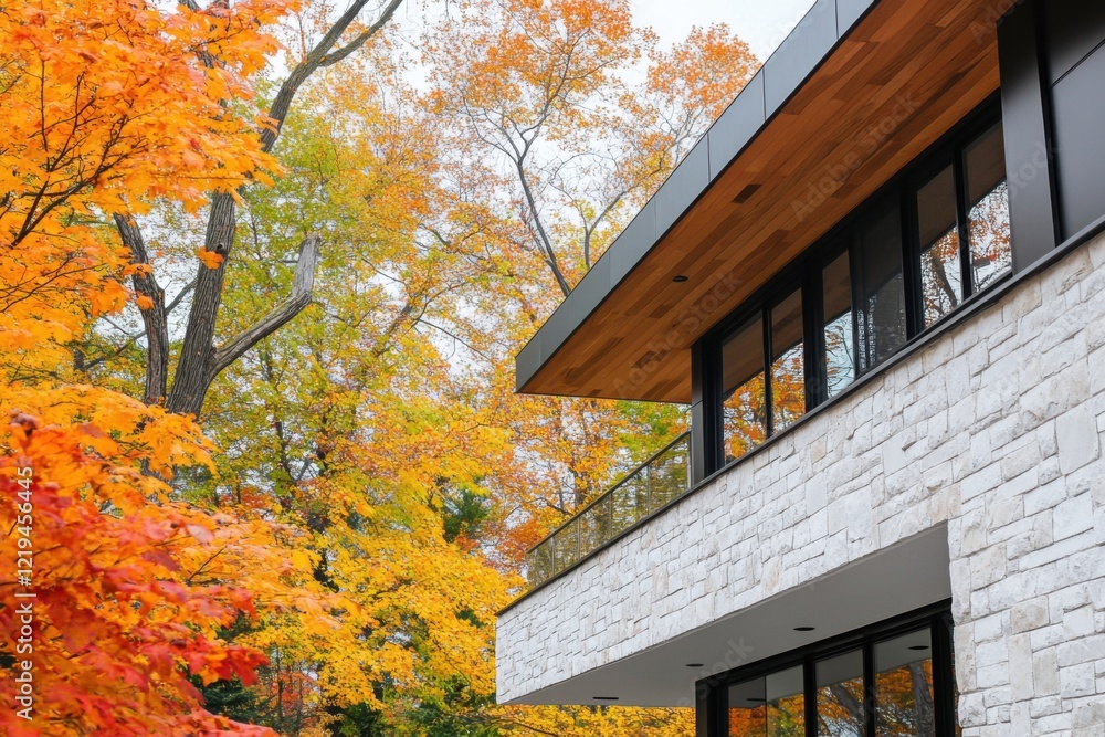 In a tranquil residential area adorned with trees, contemporary architecture beautifully stands out against the lively hues of autumn foliage In a tranquil residential area adorned with trees, contemporary architecture beautifully stands out against the lively hues of autumn foliage