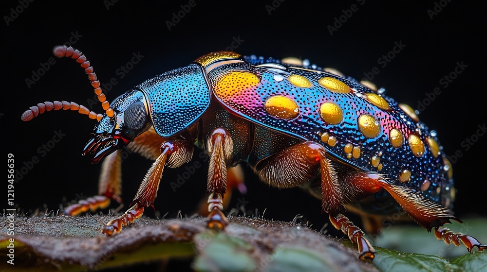 Naklejka premium A sharp macro of a jewel beetle glinting under natural sunlight