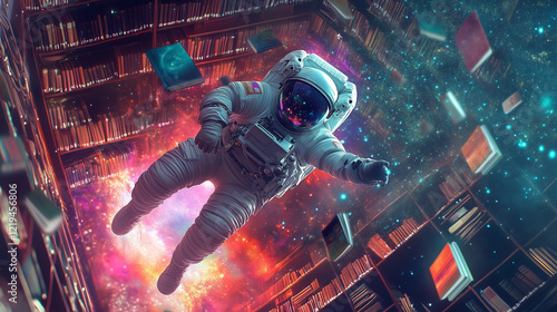 An astronaut floating through a library with books orbiting around them, each book glowing with colorful light