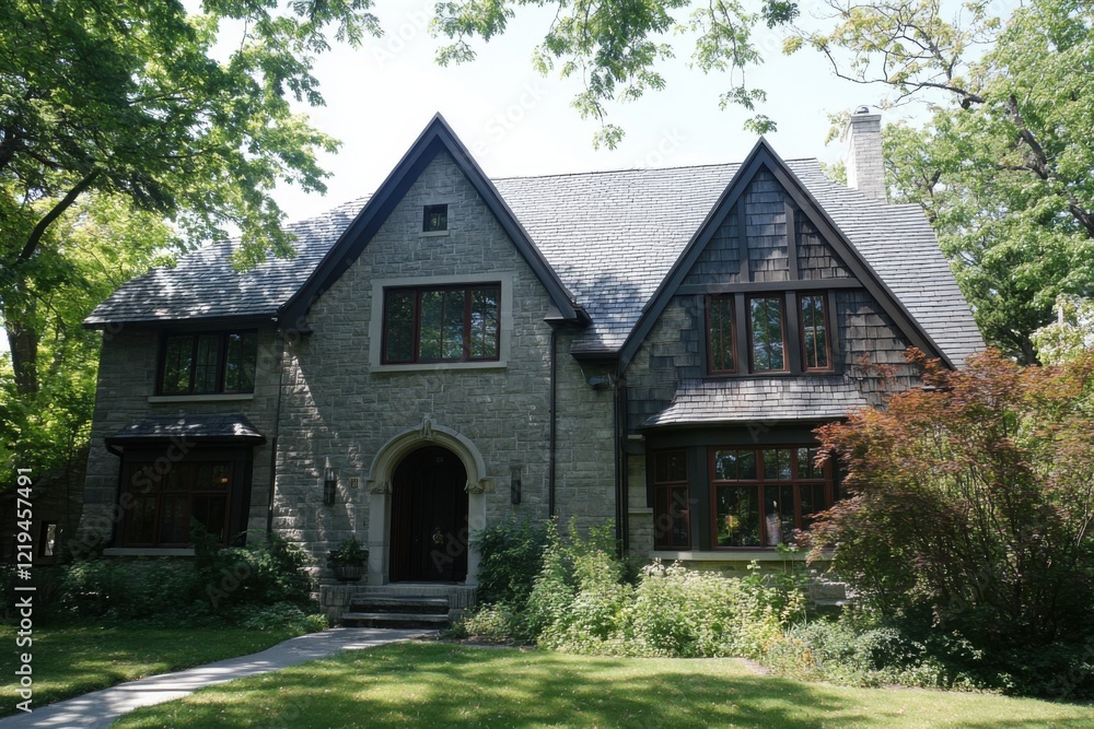 Nestled within a verdant suburban landscape, the grand stone mansion boasts timeless architecture and features an inviting pathway leading to its entrance Nestled within a verdant suburban landscape, the grand stone mansion boasts timeless architecture and features an inviting pathway leading to its entrance