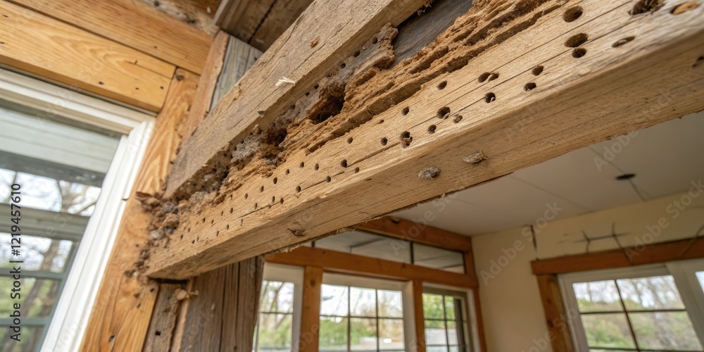 Drywood termite infestation on a wooden beam, structure damage, insect infestations, insects, dry wood, termites Drywood termite infestation on a wooden beam, structure damage, insect infestations, insects, dry wood, termites
