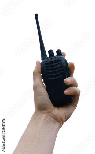 Woman with walkie talkie against sky, closeup photo