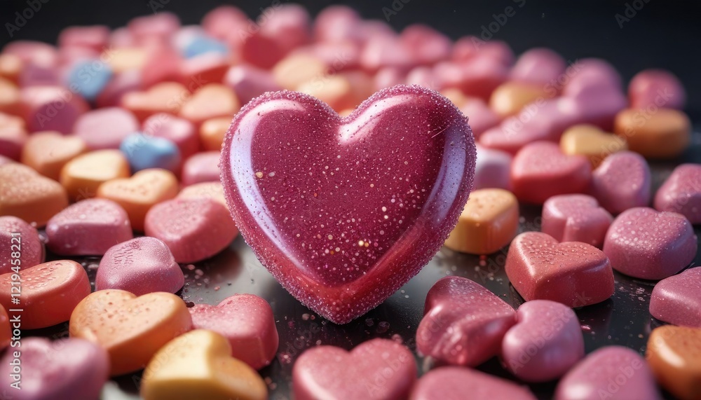 Obraz premium Detailed shot of a single candy heart with a sparkle effect, pastel, candy canes, Valentine's Day