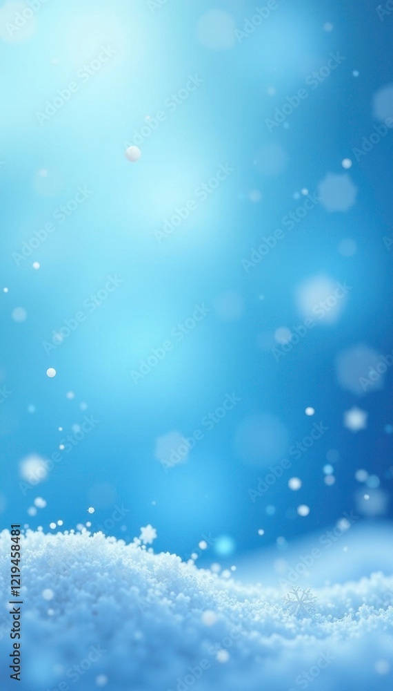 Fototapeta premium Blue snowflakes gently settle on a soft gradient of light blue and white, serene atmosphere, calmness