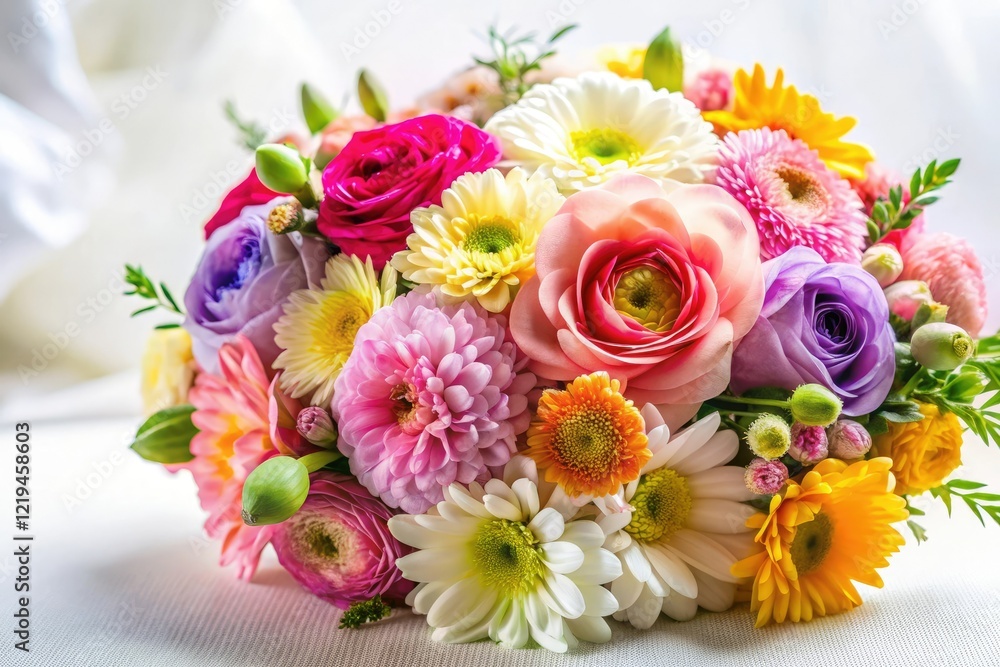 delicate petals unfolding in a bouquet of colorful flowers on a soft white background, color palette, flowers, pastel colors, floral arrangement delicate petals unfolding in a bouquet of colorful flowers on a soft white background, color palette, flowers, pastel colors, floral arrangement