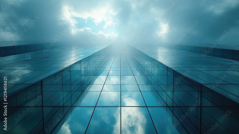A vertical perspective view of a modern glass skyscraper, showcasing its sleek, reflective facade. A vertical perspective view of a modern glass skyscraper, showcasing its sleek, reflective facade.