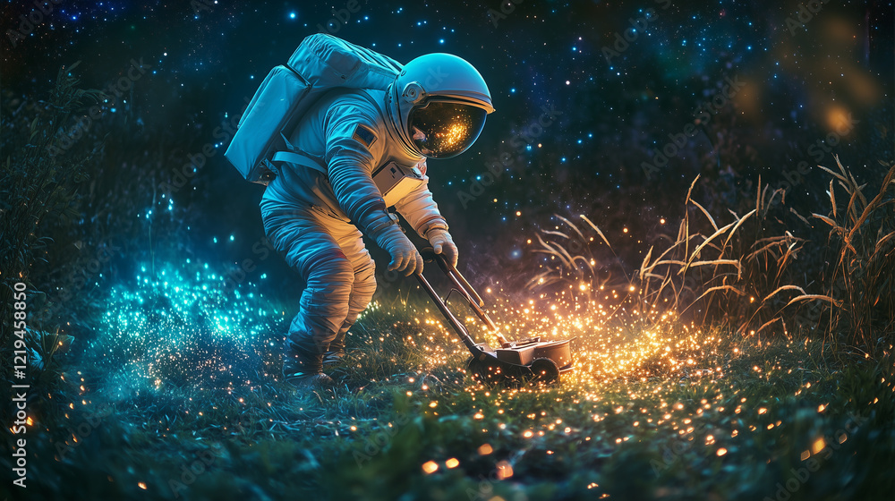An astronaut mowing a lawn made of stars, with glowing constellations forming beneath their feet An astronaut mowing a lawn made of stars, with glowing constellations forming beneath their feet