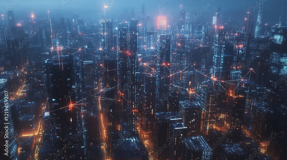 Smart digital Innovation city with connection network reciprocity over the twilight cityscape. of future smart wireless digital city and social media networking systems that connects people with city
Smart digital Innovation city with connection network reciprocity over the twilight cityscape. of future smart wireless digital city and social media networking systems that connects people with city