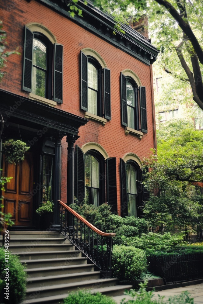 Fototapeta premium A charming vintage brick house adorned with elegant shutters sits gracefully amidst vibrant greenery in a bustling urban neighborhood, basking in the warmth of a sunny afternoon