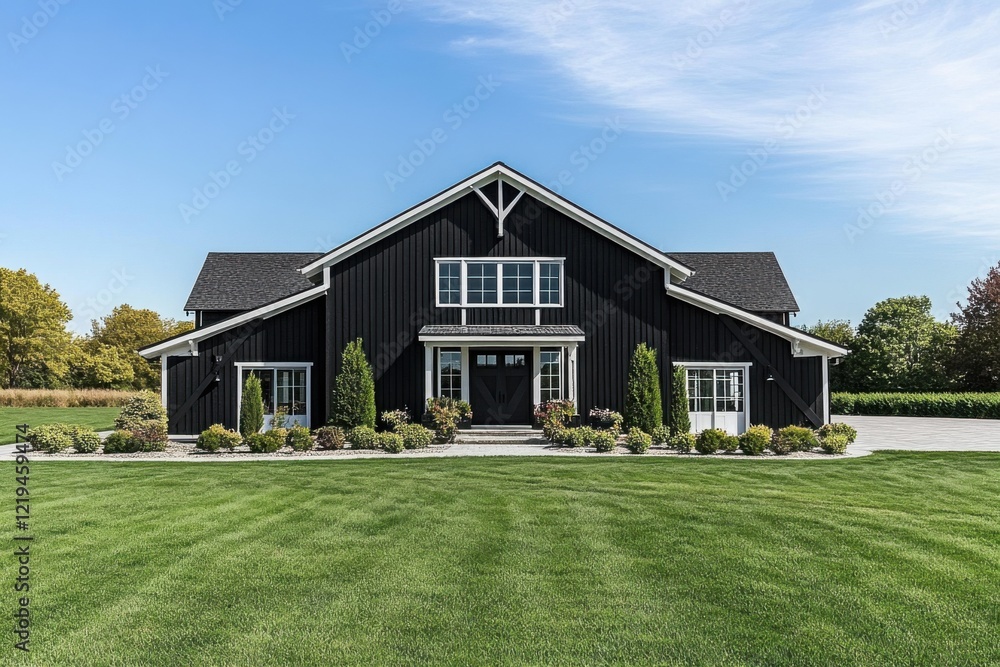 Modern black barn-style house surrounded by lush green lawn on a clear sunny day in a rural area, creating a serene and peaceful atmosphere for relaxation Modern black barn-style house surrounded by lush green lawn on a clear sunny day in a rural area, creating a serene and peaceful atmosphere for relaxation
