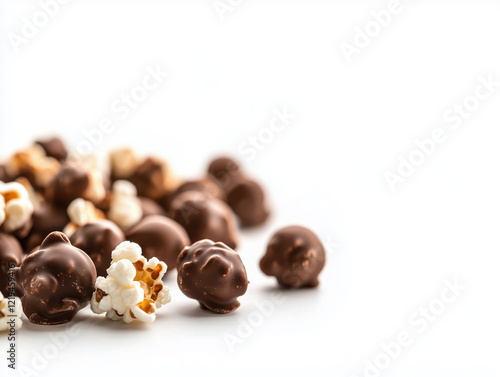 Chocolate-Covered Popcorn on White Background: A Sweet and Salty Treat for Gourmet Snack Lovers photo