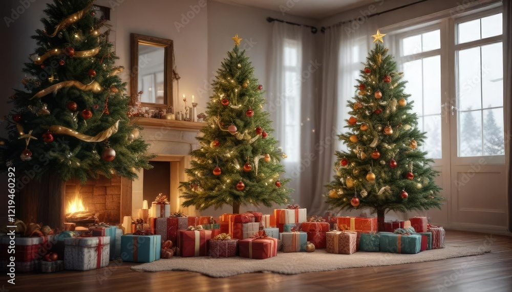 Cozy Christmas scene with a beautifully decorated tree and presents, fireplace, crackling fire, holiday decorations Cozy Christmas scene with a beautifully decorated tree and presents, fireplace, crackling fire, holiday decorations