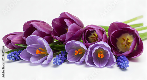 Violet blooms set against a white backdrop. photo