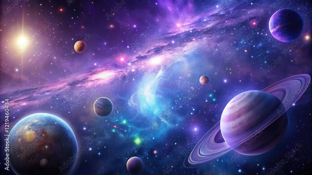 Cosmic night sky with stars and planets against a deep purple background, nightsky, planet, space, universe Cosmic night sky with stars and planets against a deep purple background, nightsky, planet, space, universe