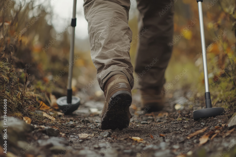Fototapeta premium Close-up of a person hiking on a forest path in the autumn season.