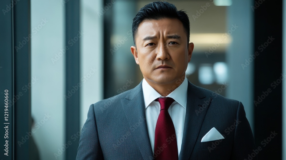 Confident businessman in a suit standing in a modern office environment Confident businessman in a suit standing in a modern office environment