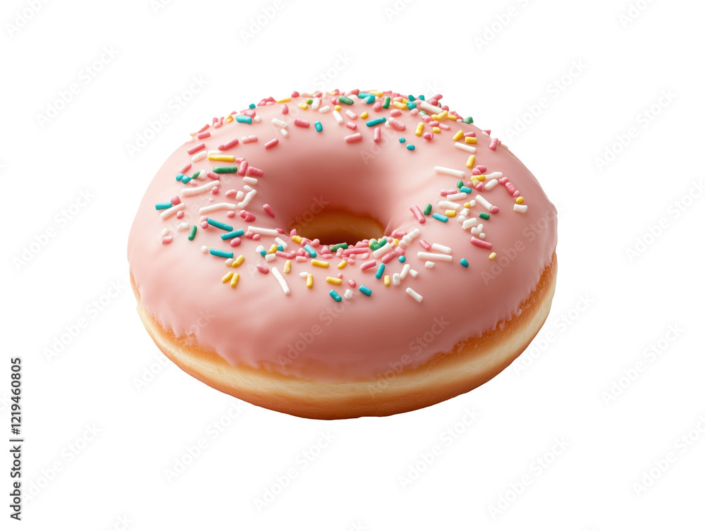 Delicious Pink Frosted Donut with Colorful Sprinkles on White Background Delicious Pink Frosted Donut with Colorful Sprinkles on White Background