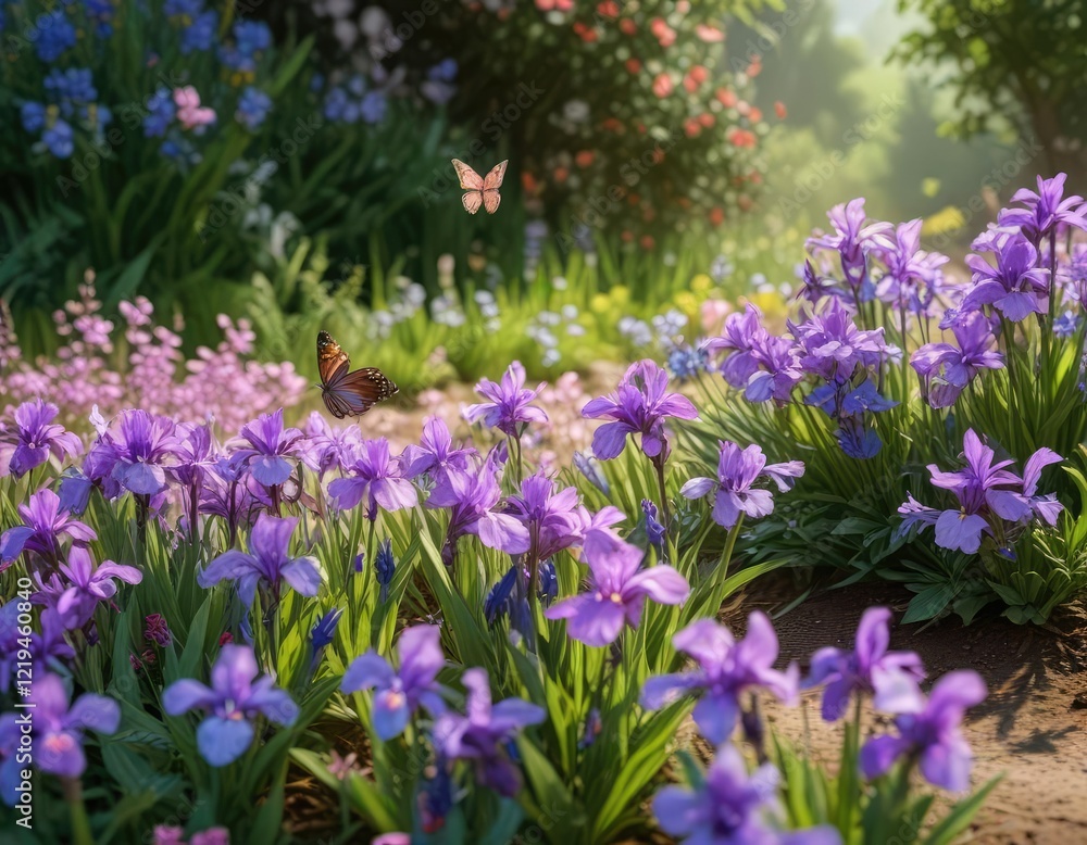 Colorful butterflies dance around a patch of purple irises and pink forget-me-nots, scenery, garden, blooming Colorful butterflies dance around a patch of purple irises and pink forget-me-nots, scenery, garden, blooming