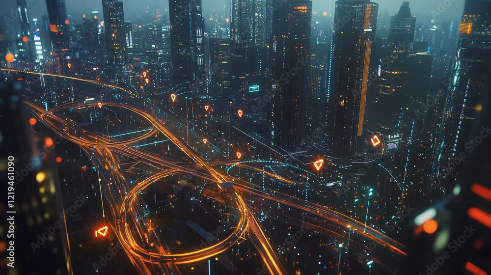 Naklejka premium Smart digital Innovation city with connection network reciprocity over the twilight cityscape. of future smart wireless digital city and social media networking systems that connects people with city