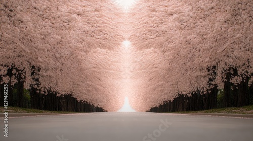 Lush cherry blossom trees create stunning, serene pathway leadin photo