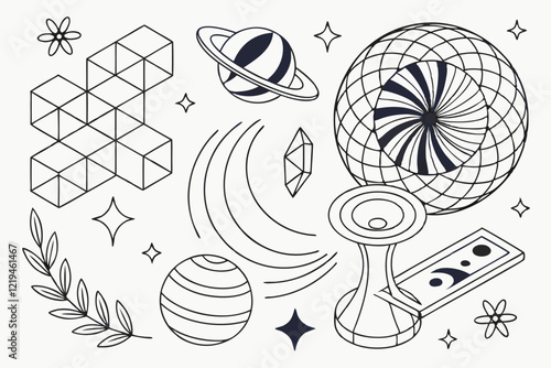 Geometric shapes, abstract patterns, black and white design, 3D wireframe objects, spirals, stars, cubes, spheres, torus shapes, floral motifs, minimalist icons, line art, symmetrical compositions, re